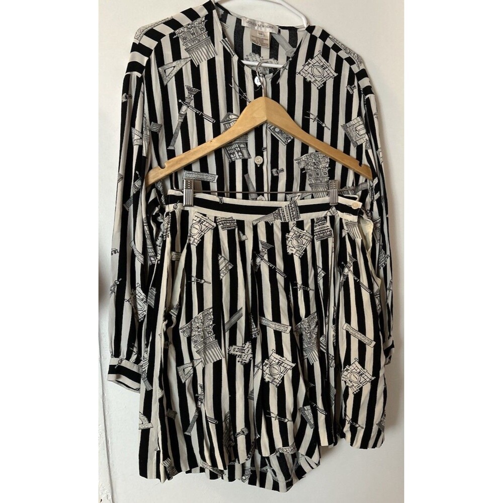 Jones New York Vintage Architectural Pattern B& W  Blouse & Culotte Set SZ 14
